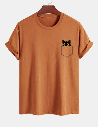 T-shirt van zwart katoen met print van een kat in reguliere pasvorm