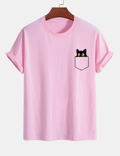 T-shirt van zwart katoen met print van een kat in reguliere pasvorm