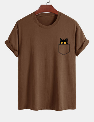 T-shirt van zwart katoen met print van een kat in reguliere pasvorm