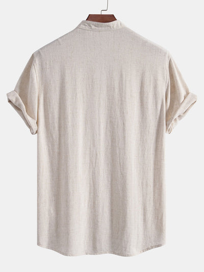 Linnen en rayon shirt met V-hals en korte mouwen