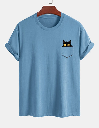 T-shirt van zwart katoen met print van een kat in reguliere pasvorm