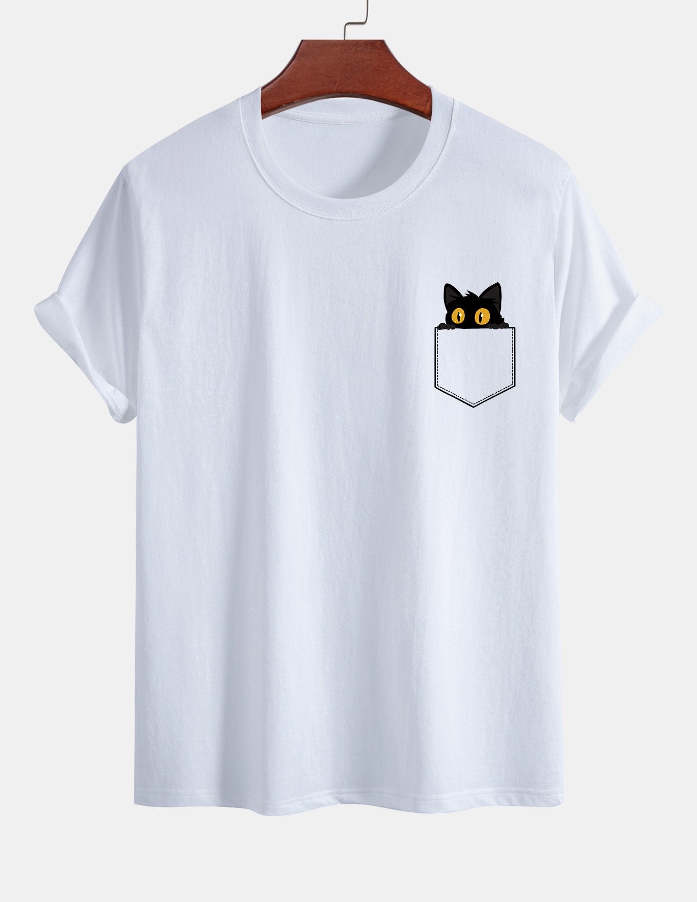 T-shirt van zwart katoen met print van een kat in reguliere pasvorm
