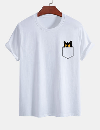 T-shirt van zwart katoen met print van een kat in reguliere pasvorm